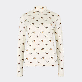 White turtleneck sweater with bird pattern on a white background