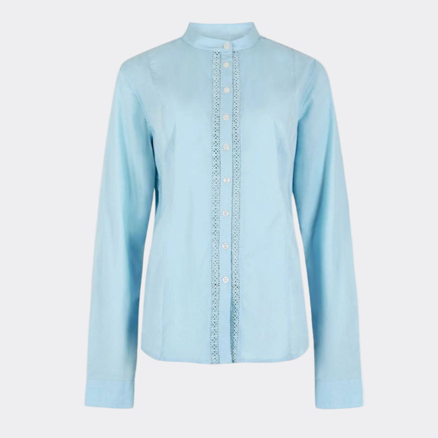 Light blue long-sleeve shirt with decorative buttons on a white background