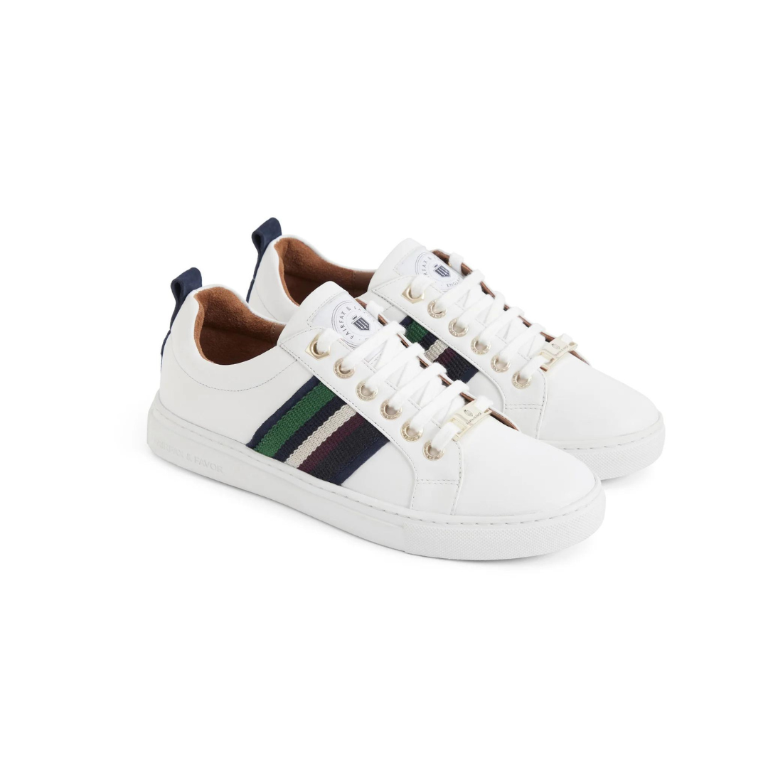 Fairfax & Favor Boston Leather Trainer in White with Striped Webbing