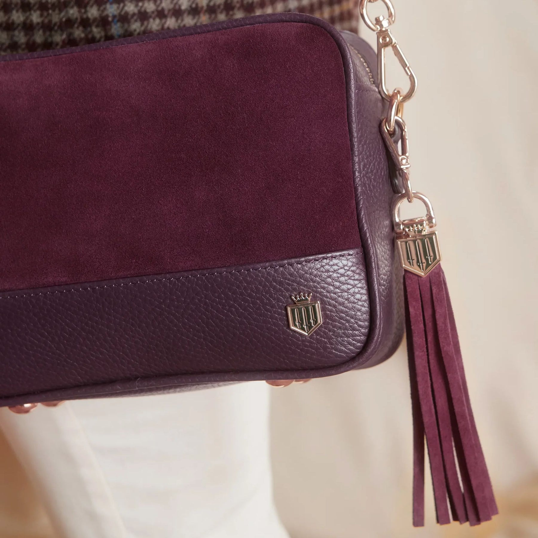 Fairfax & Favor Finsbury Crossbody Suede Handbag in Elderberry