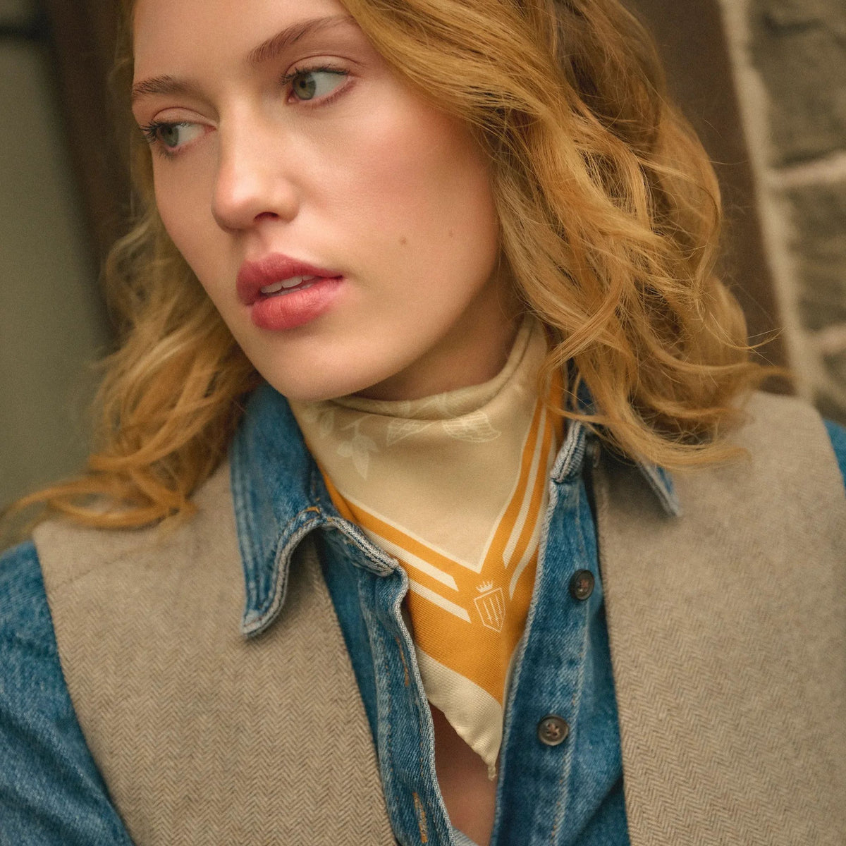 Fairfax & Favor Mannington Silk Scarf in Beige, Off White, and Orange