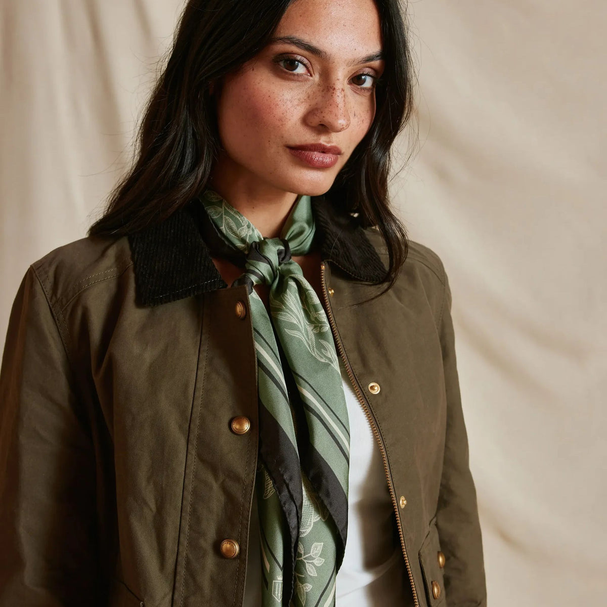 Fairfax & Favor Mannington Silk Scarf in Green, Off White, and Black