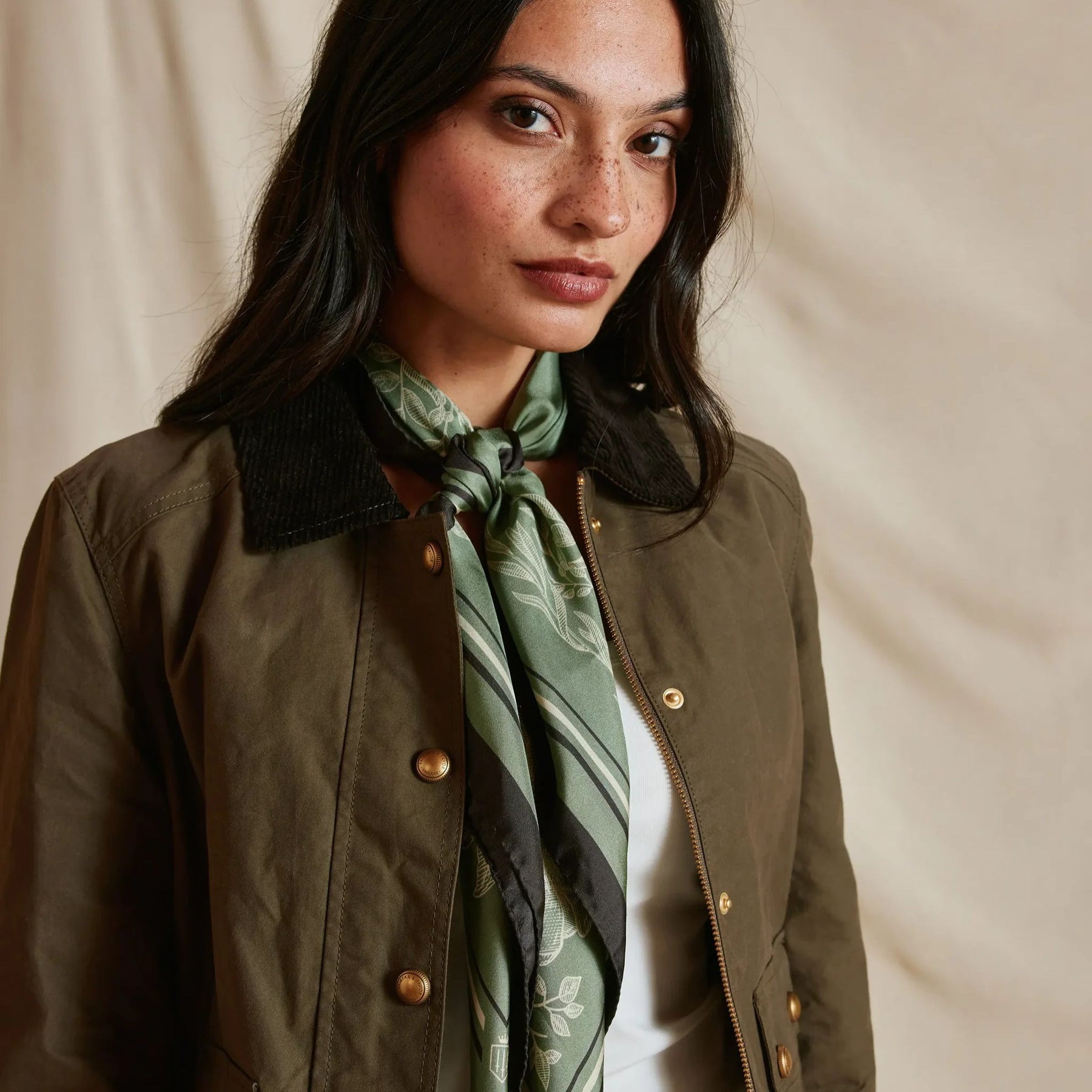 Fairfax & Favor Mannington Silk Scarf in Green, Off White, and Black