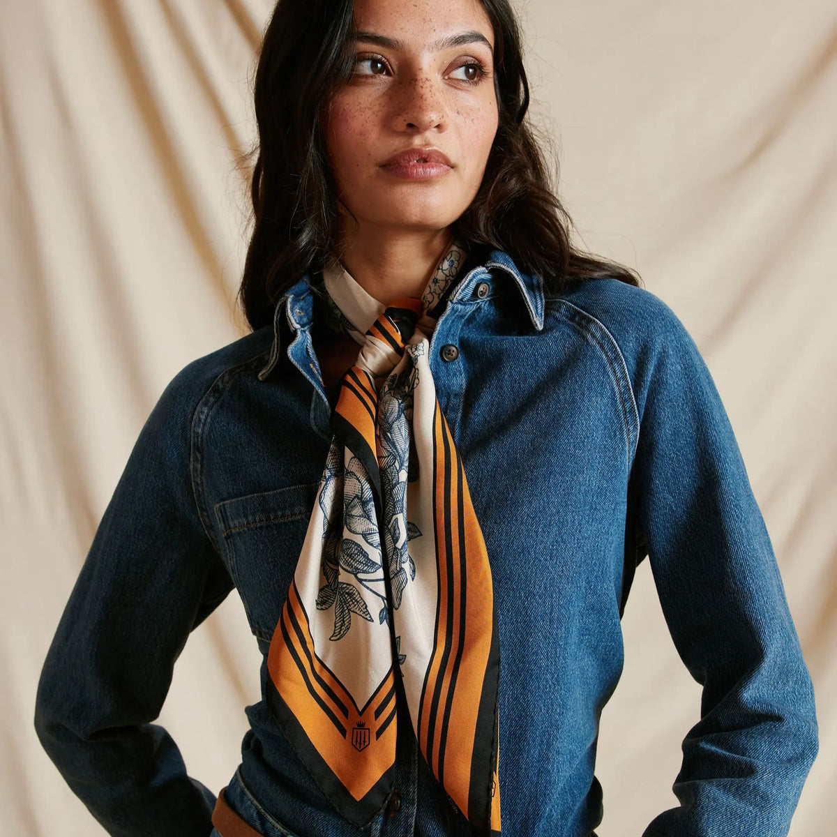 Fairfax & Favor Mannington Silk Scarf in Off White, Navy and Orange