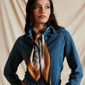 Fairfax & Favor Mannington Silk Scarf in Off White, Navy and Orange