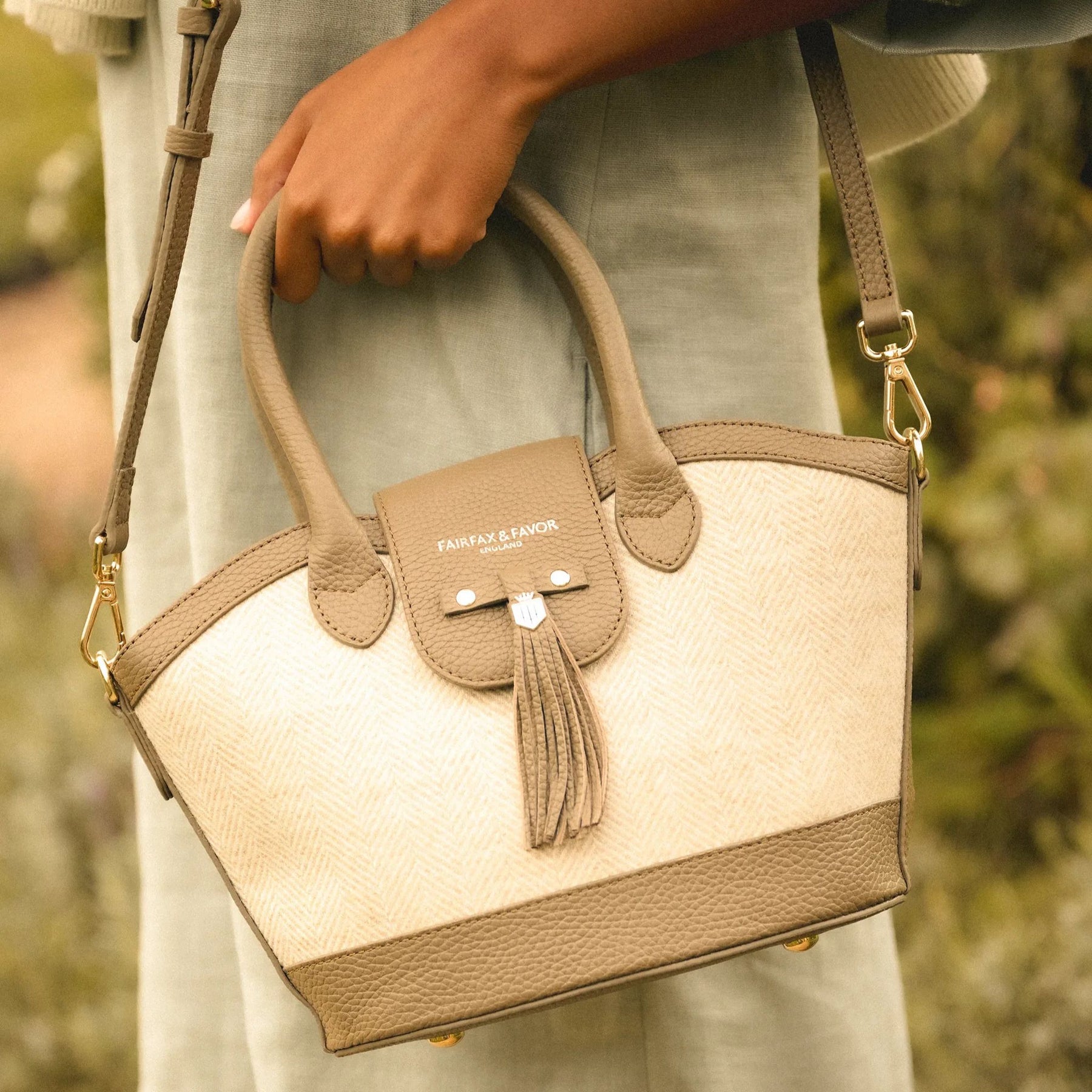 Fairfax & Favor Mini Windsor Herringbone Tote Handbag in Fawn