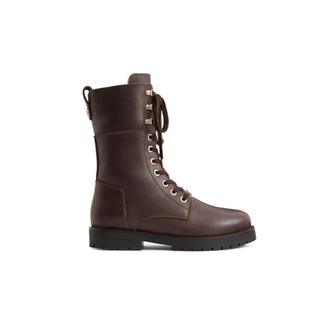Fairfax & Favor Shearling Lined Anglesey Combat Leather Boots in Mahogany
