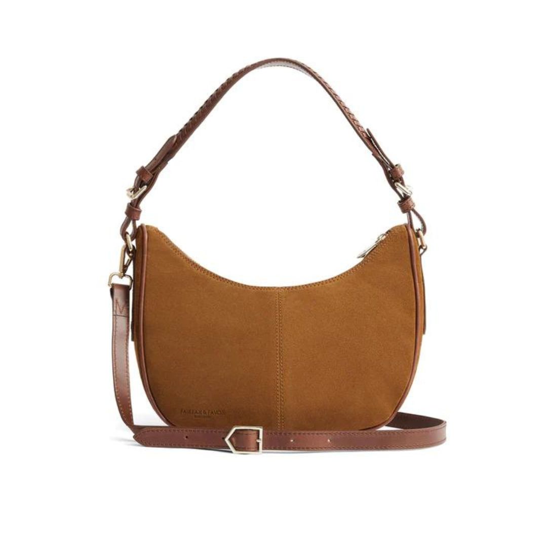 Fairfax & Favor Tetbury Crescent Suede Bag in Tan