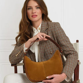 Fairfax & Favor Tetbury Crescent Suede Bag in Tan