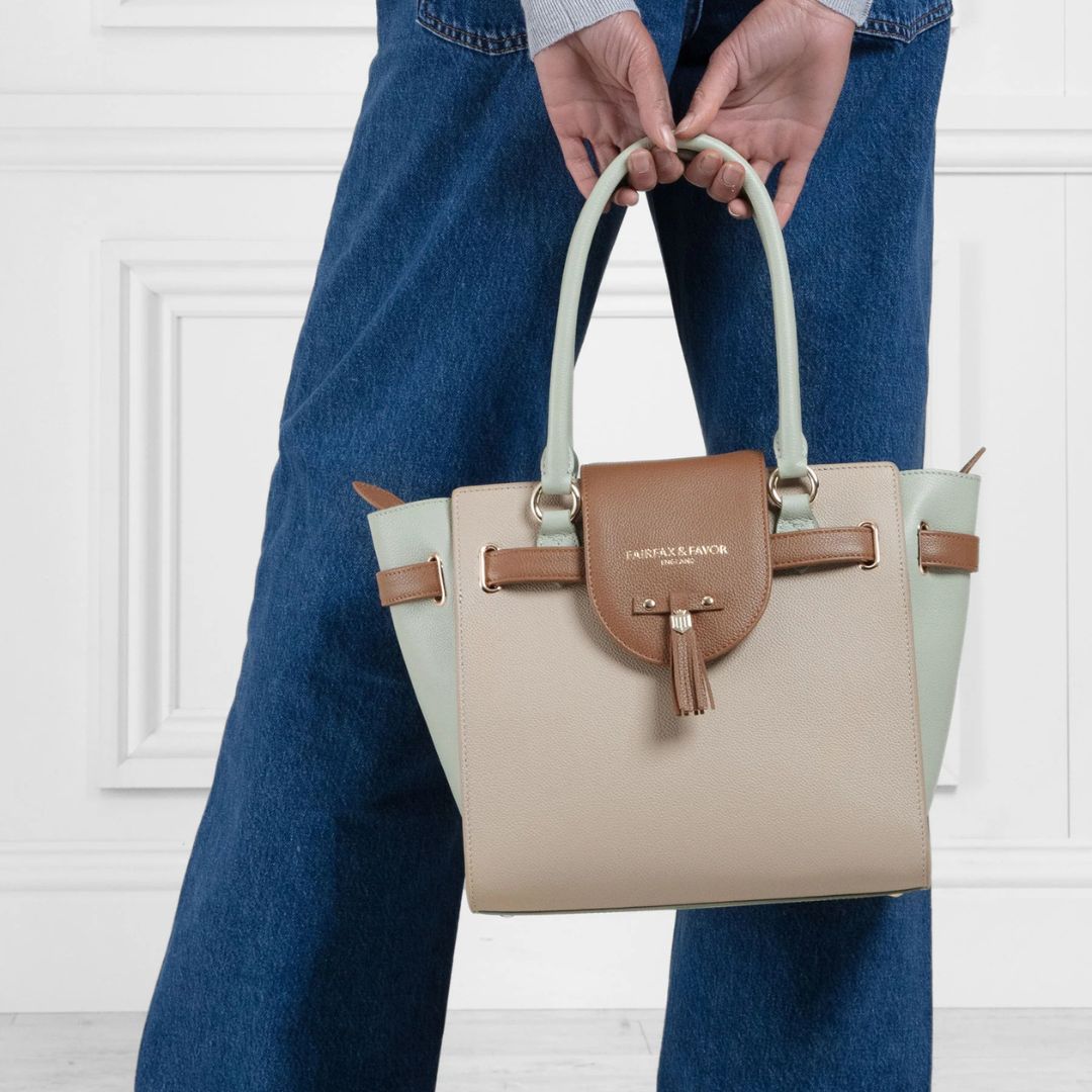 Fairfax & Favor Windsor Leather Tote Handbag in Mint, Stone & Tan
