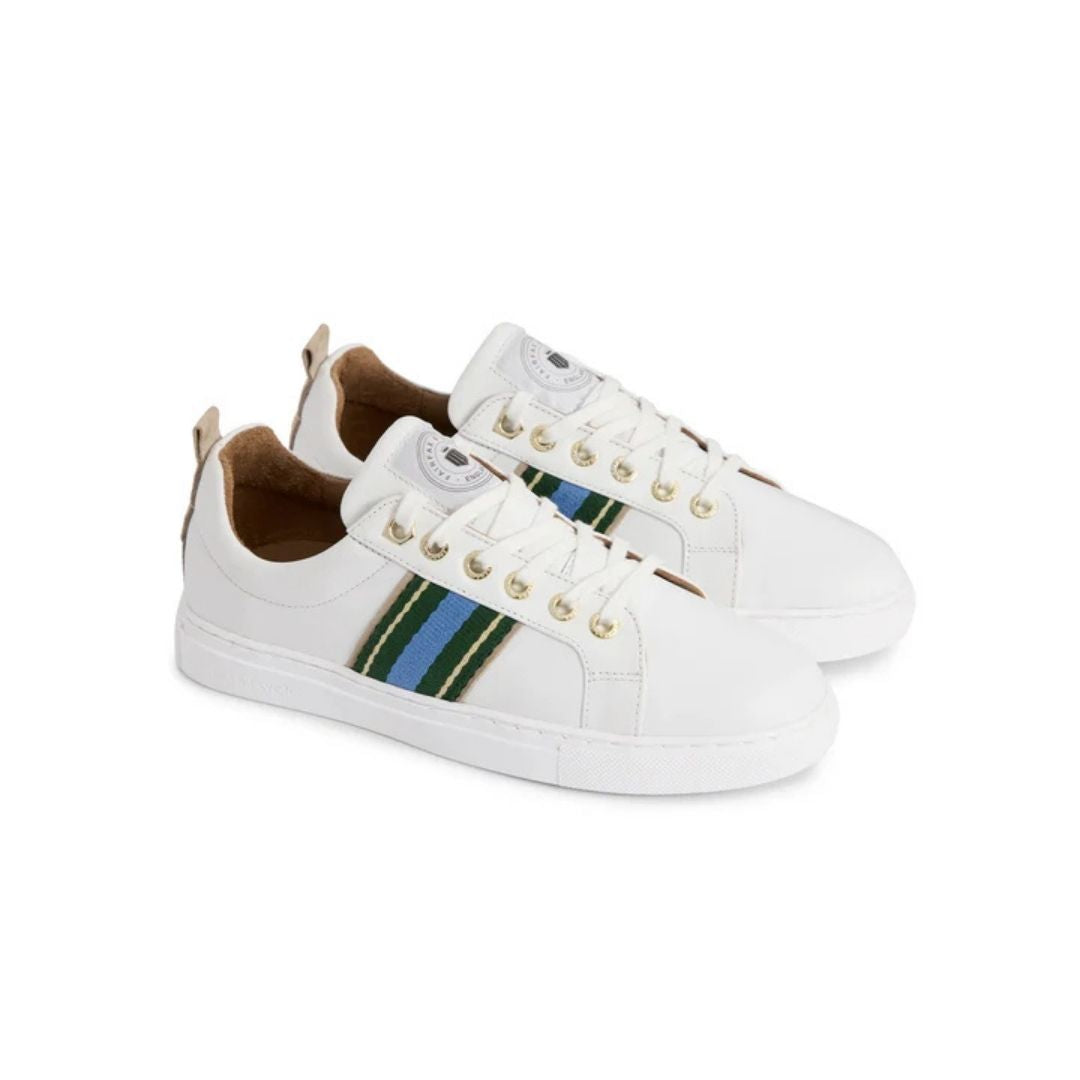 Fairfax & Favor Boston White Leather Trainers in Clover & Sky Blue