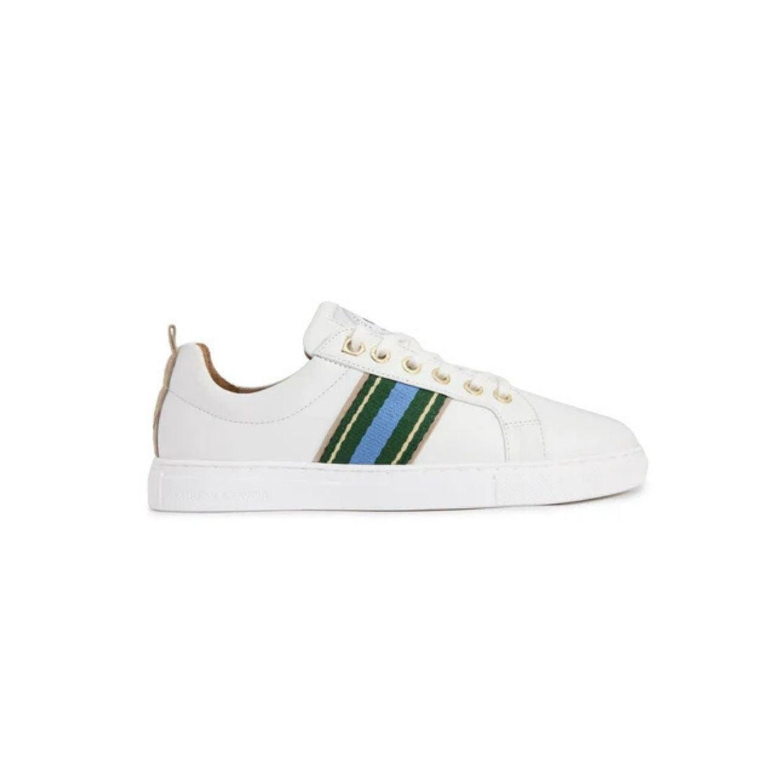 Fairfax & Favor Boston White Leather Trainers in Clover & Sky Blue