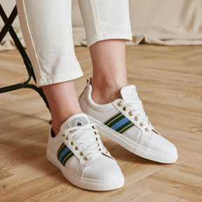 Fairfax & Favor Boston White Leather Trainers in Clover & Sky Blue