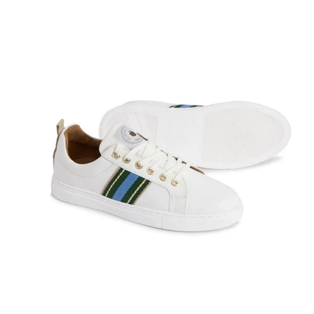 Fairfax & Favor Boston White Leather Trainers in Clover & Sky Blue