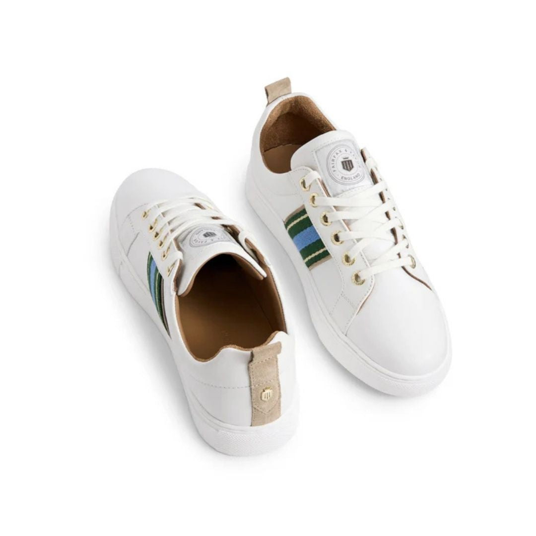 Fairfax & Favor Boston White Leather Trainers in Clover & Sky Blue