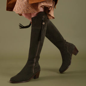 Fairfax & Favor Heeled Regina Suede Boot in Moss Green