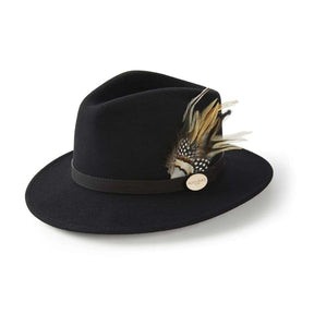 Hicks & Brown Suffolk Fedora in Black with Fawn Feather