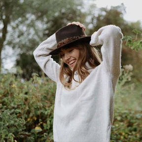 Hicks & Brown Suffolk Fedora in Brown with Bronze Feather