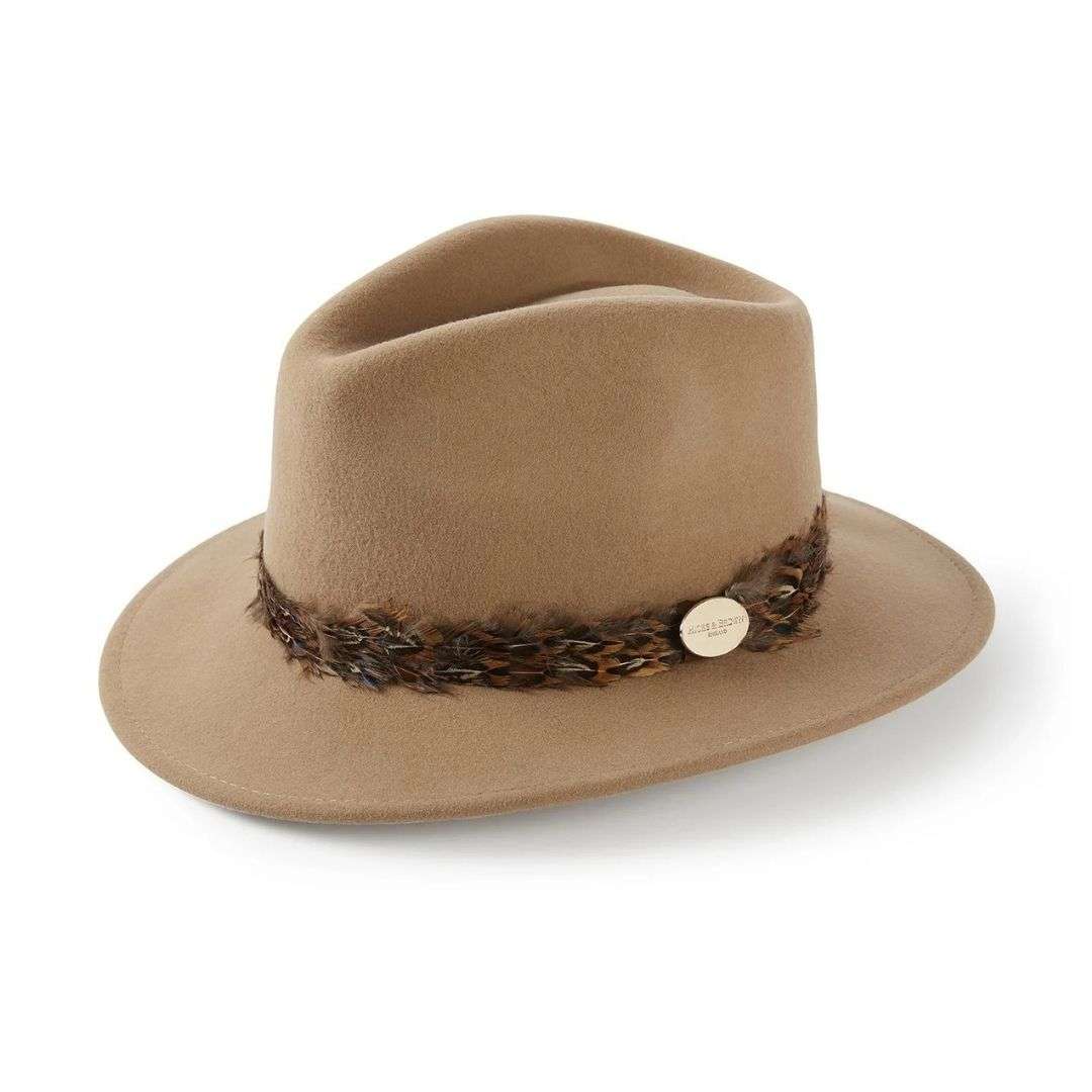 Hicks & Brown Suffolk Fedora in Camel with Bronze Feather Wrap