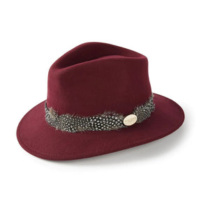 Hicks & Brown Suffolk Fedora in Maroon with Guinea Feather Wrap