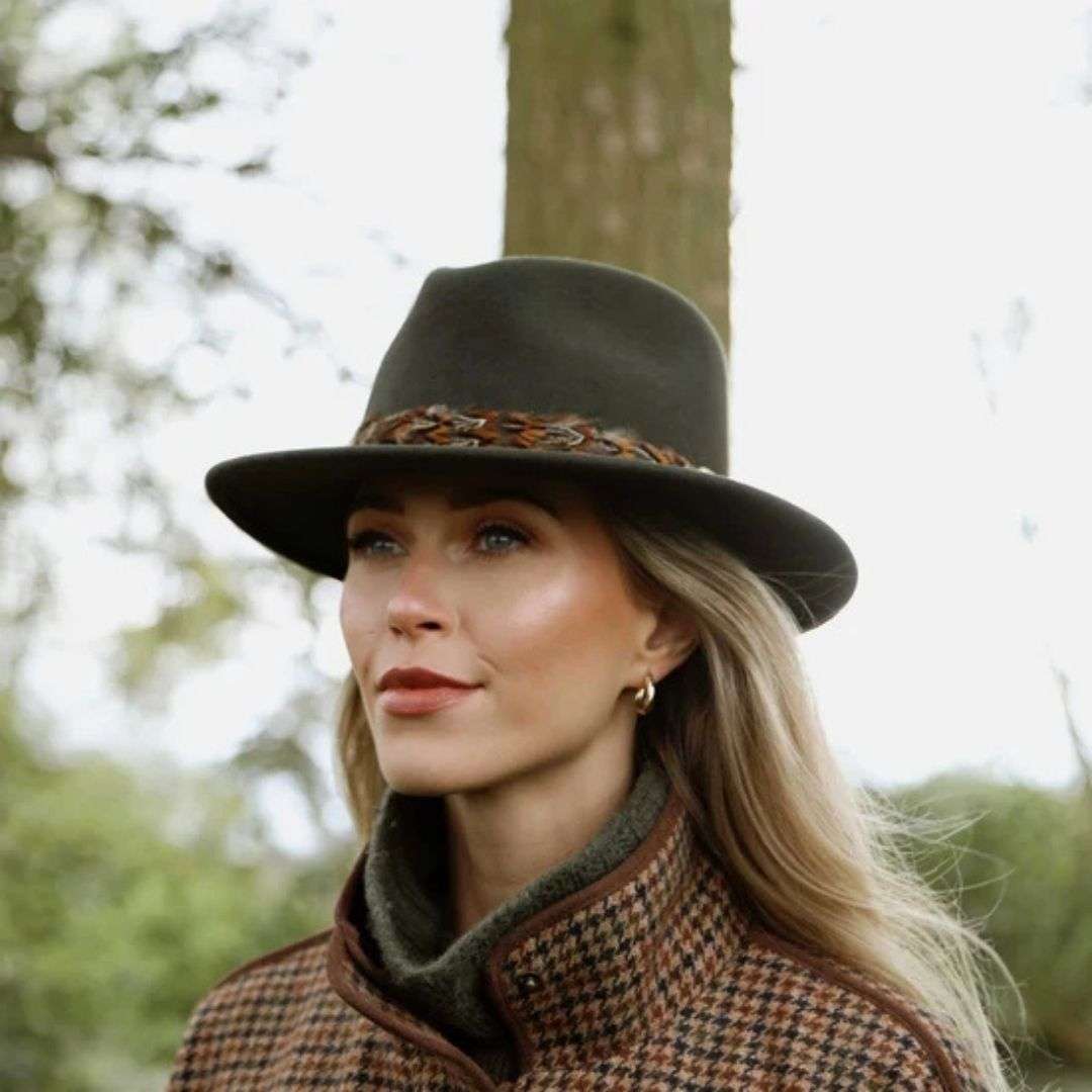 Hicks & Brown Suffolk Fedora in Olive with Bronze Feather Wrap