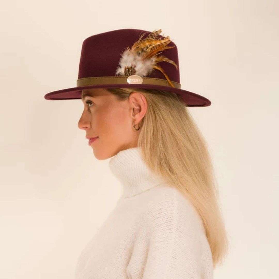 Hicks & Brown Suffolk Fedora in Plum with Bronze Feather
