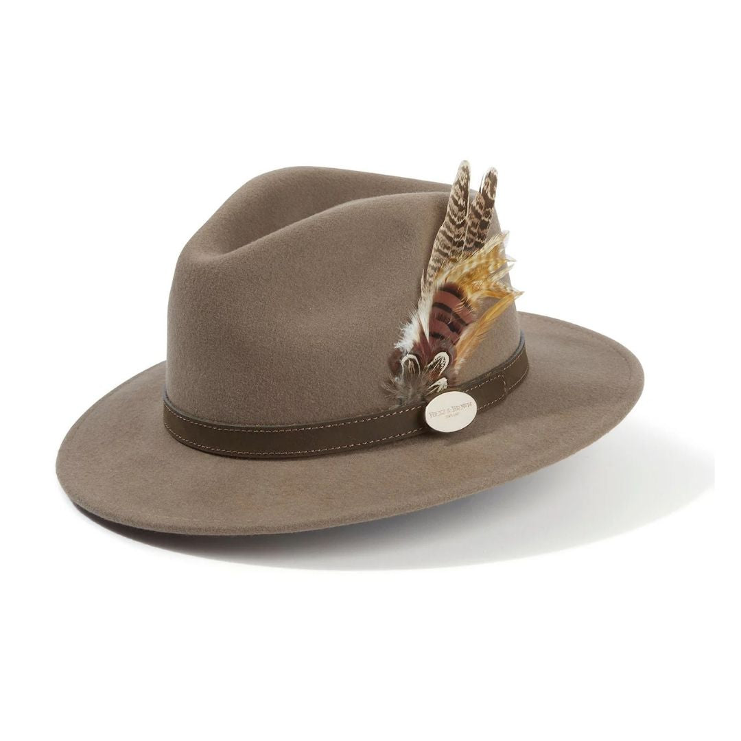Hicks & Brown Suffolk Fedora in Taupe with Bronze Feather