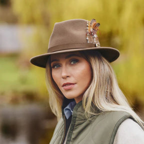 Hicks & Brown Suffolk Fedora in Taupe with Bronze Feather