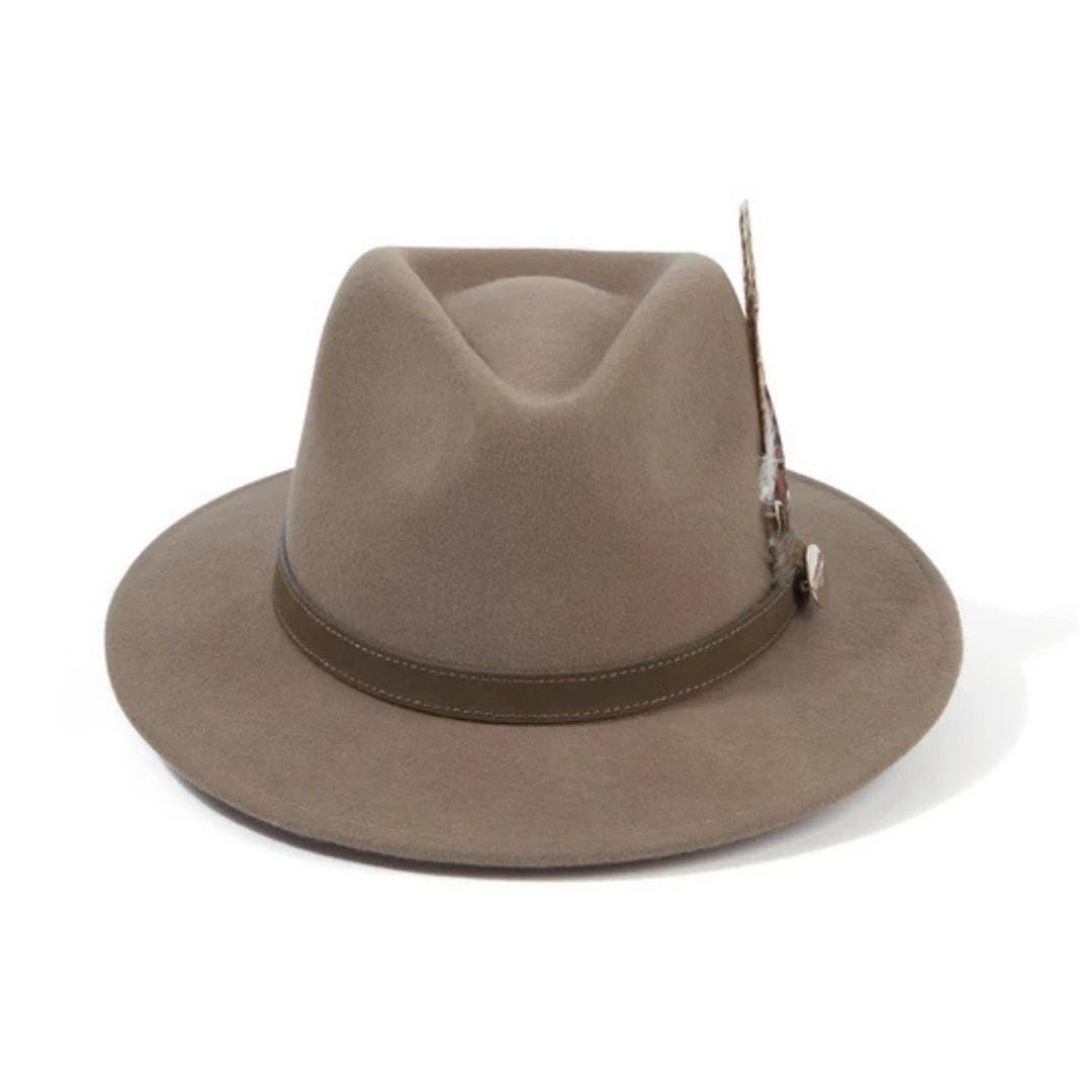 Hicks & Brown Suffolk Fedora in Taupe with Bronze Feather