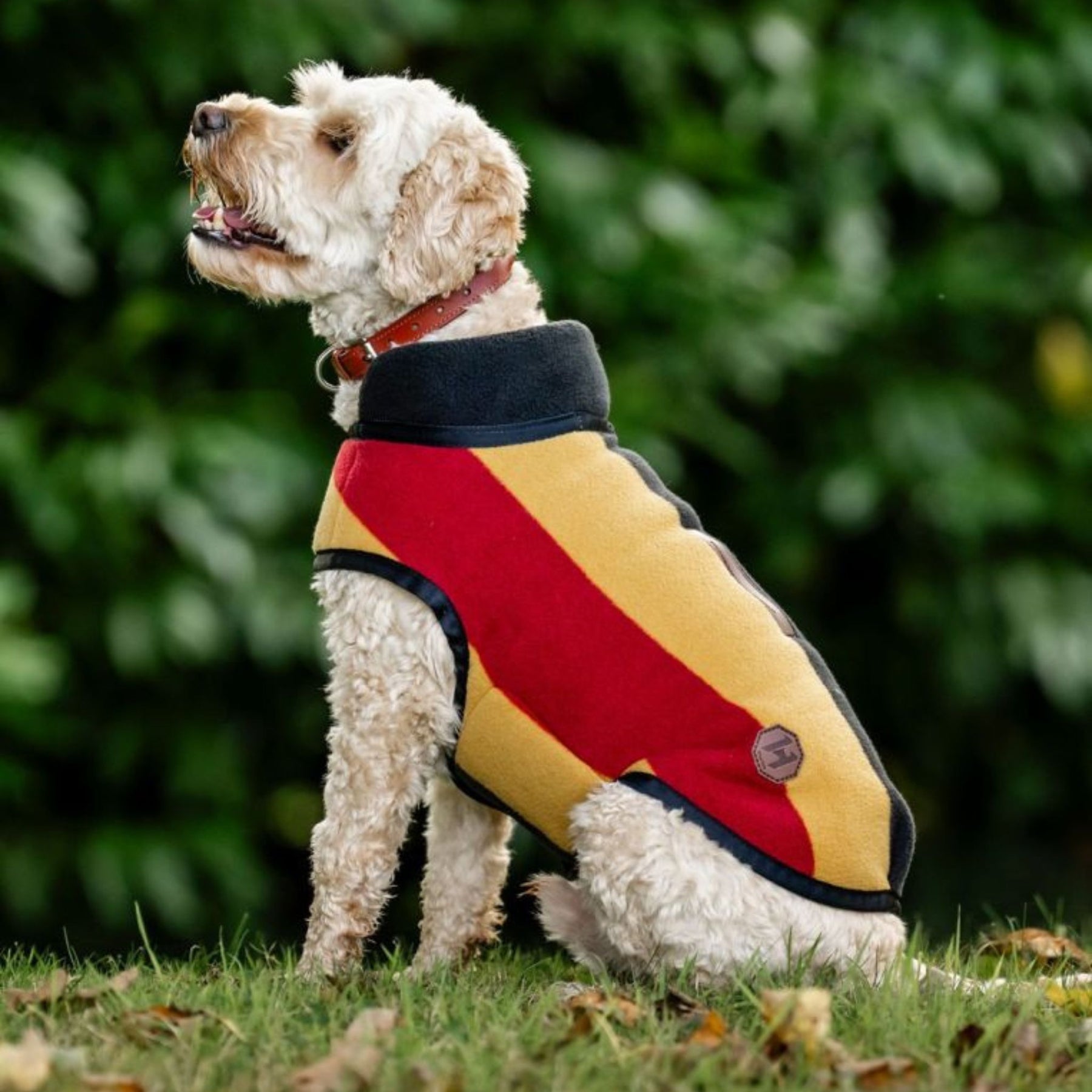 Horseware Newmarket Dog Fleece Coat with Witney Stripes in Gold, Red & Black