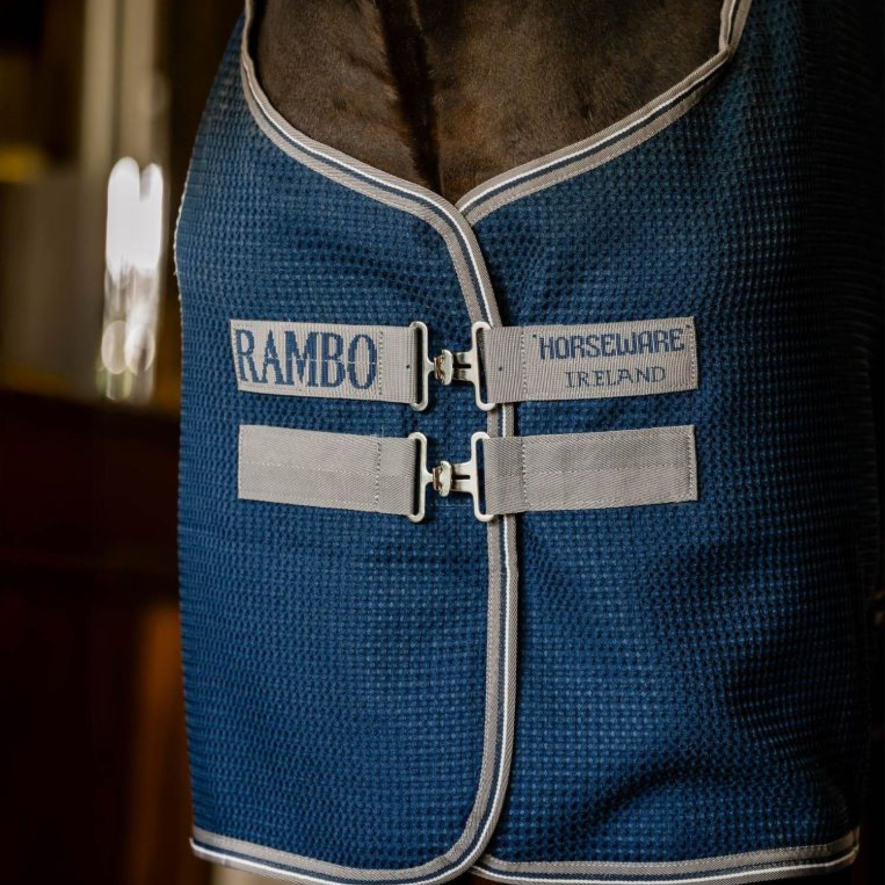 Horseware Rambo Techni-Waffle Cooler in Navy/Thunderstorm Grey & Silver (No Fill)