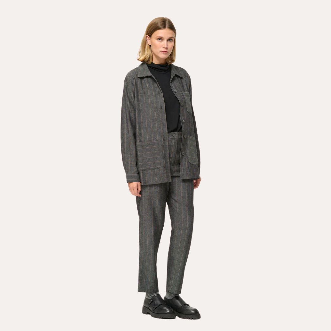 Humility Women's Straight Worker Jacket in Grey with Fine Stripes