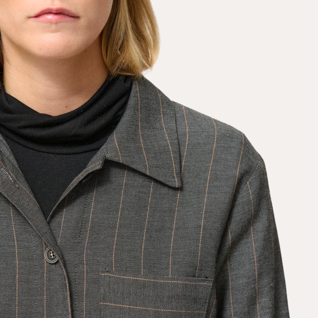 Humility Women's Straight Worker Jacket in Grey with Fine Stripes