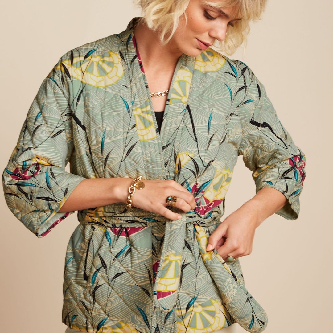 King Louie Women's Kimono Jacket Quilted in Dusty Turquoise