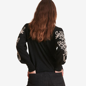 La Fee Maraboutee Women's Fine Knit Jumper in Black with Flower Embroidery