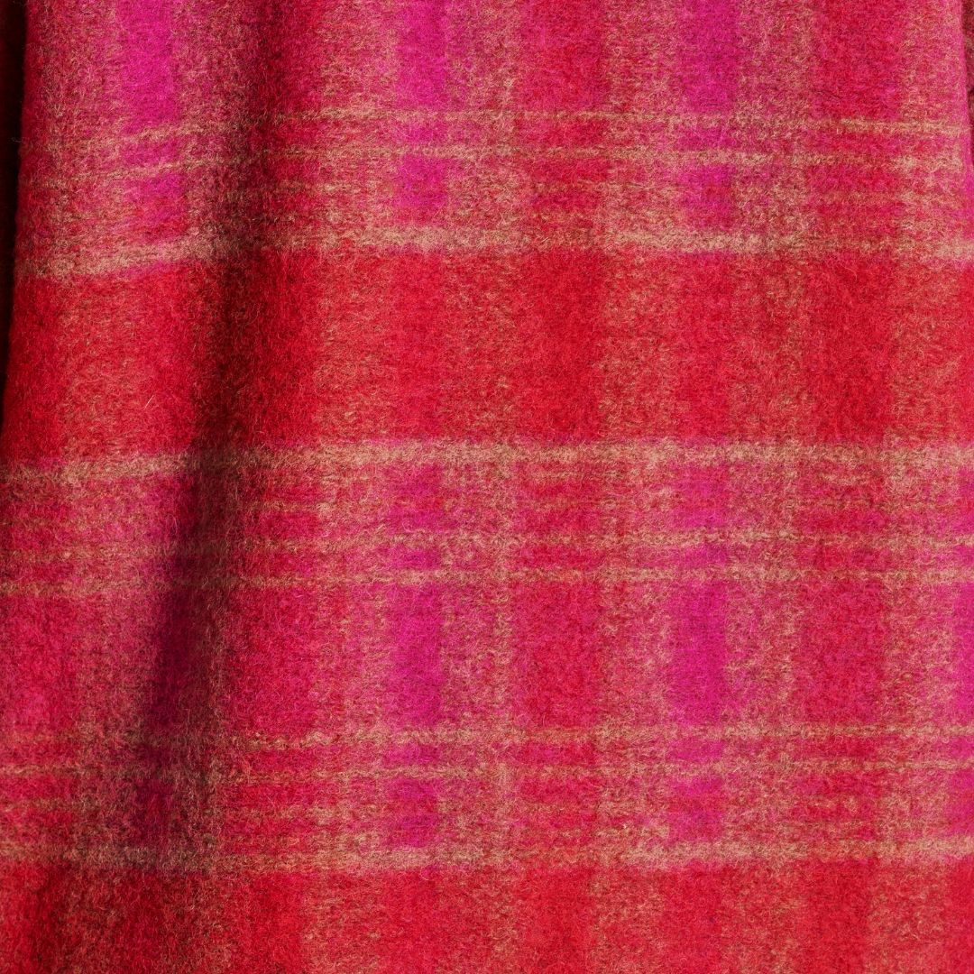 La Fee Maraboutee Women's Long Checked Coat in Cranberry & Pink