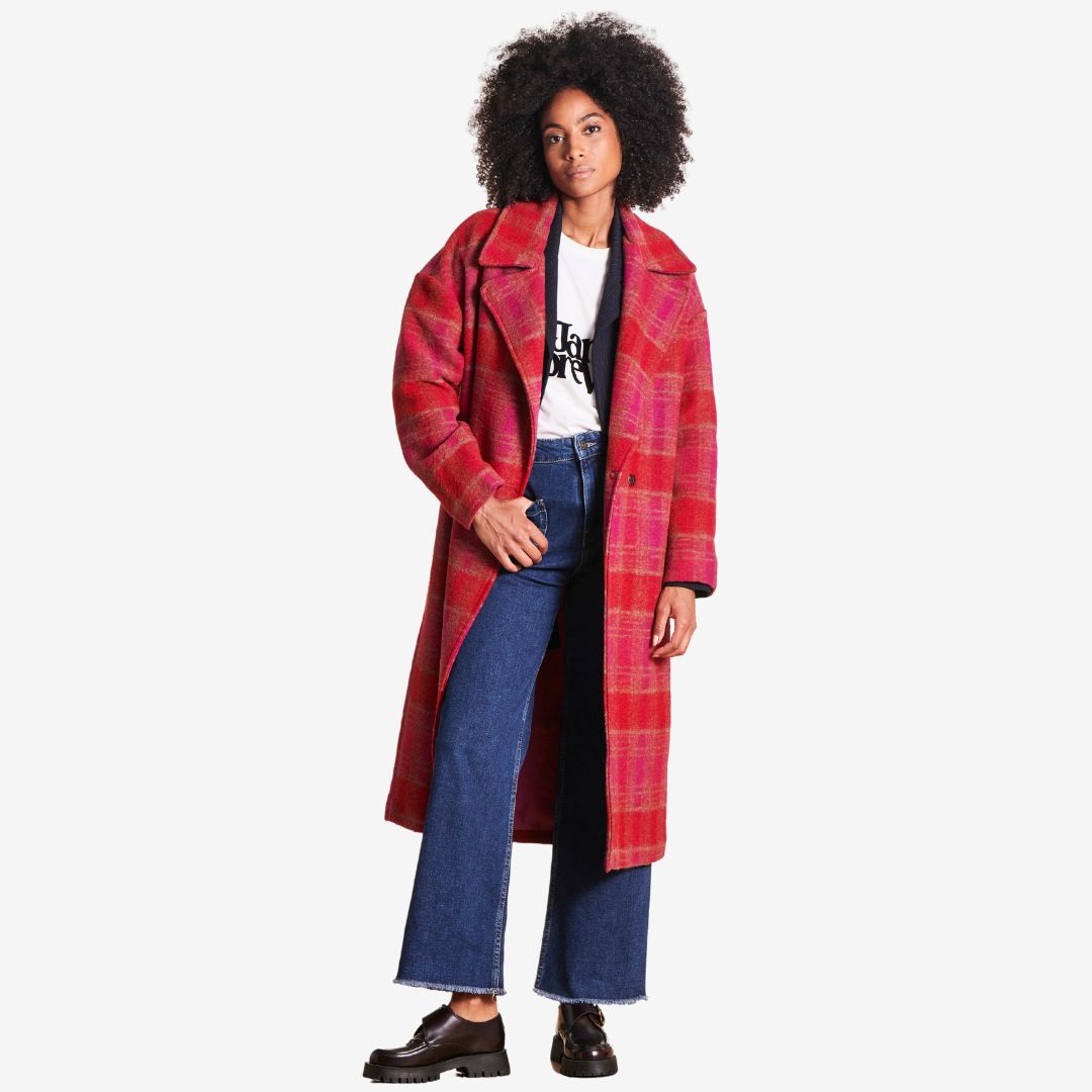 La Fee Maraboutee Women's Long Checked Coat in Cranberry & Pink