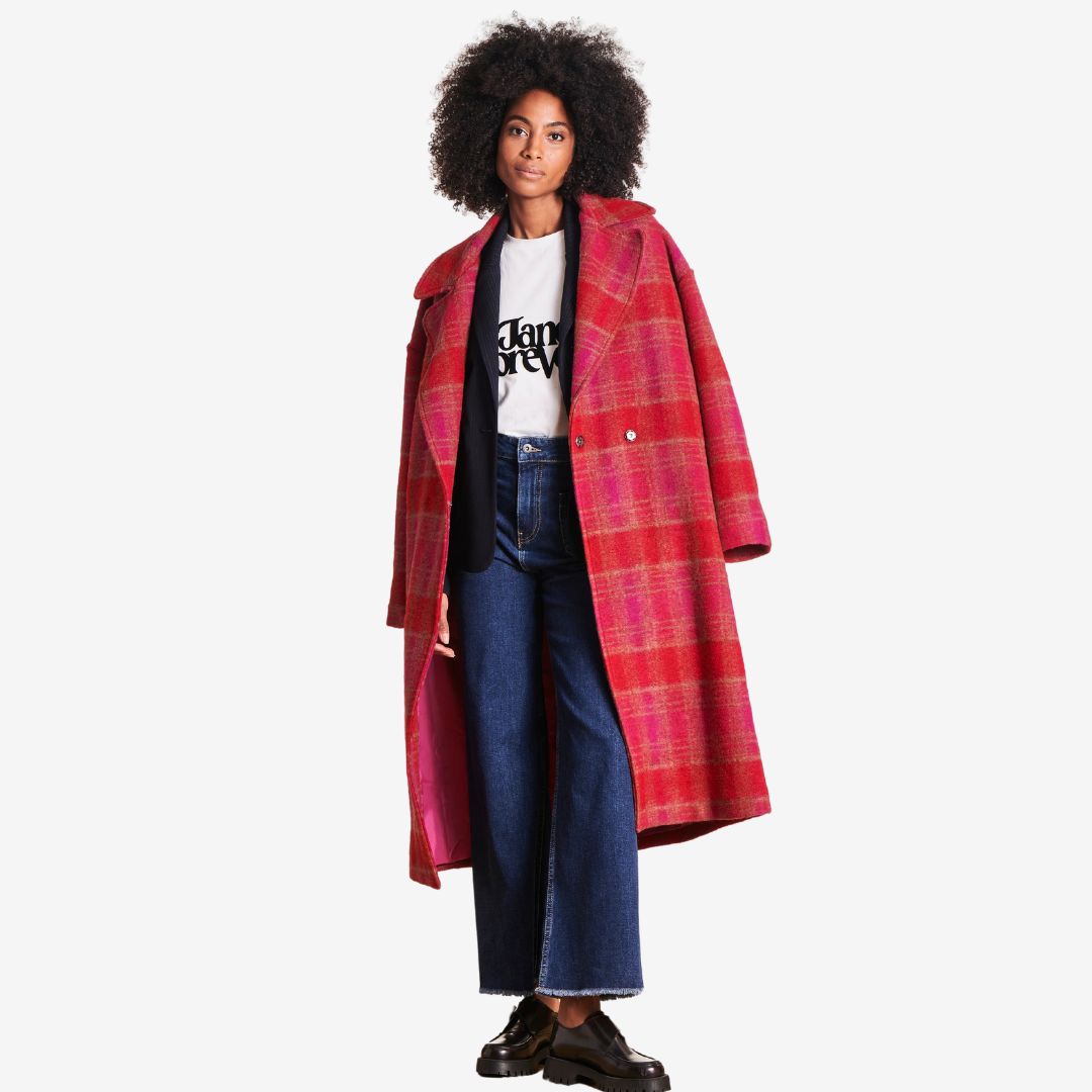 La Fee Maraboutee Women's Long Checked Coat in Cranberry & Pink