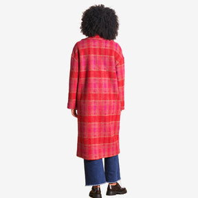 La Fee Maraboutee Women's Long Checked Coat in Cranberry & Pink