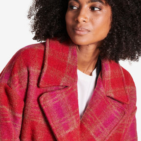 La Fee Maraboutee Women's Long Checked Coat in Cranberry & Pink