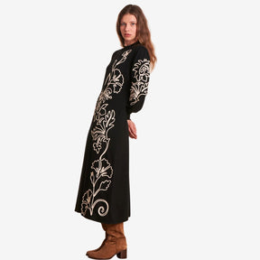 La Fee Maraboutee Women's Mid-Length Knit Dress in Black with Flower Embroidery