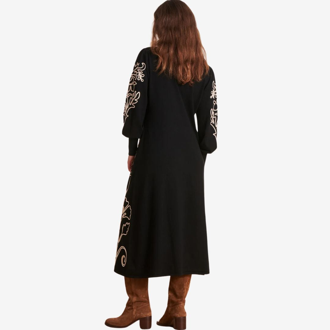 La Fee Maraboutee Women's Mid-Length Knit Dress in Black with Flower Embroidery