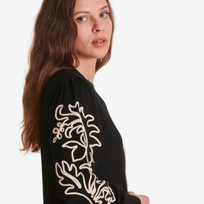 La Fee Maraboutee Women's Mid-Length Knit Dress in Black with Flower Embroidery