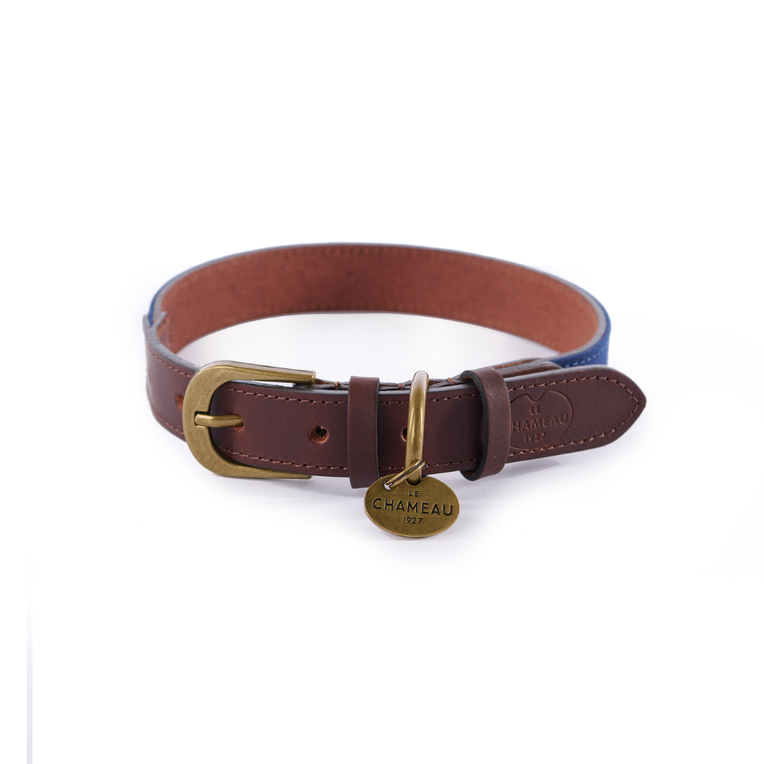 Le Chameau Waxed Cotton/Leather Dog Collar in Bleu Fonce