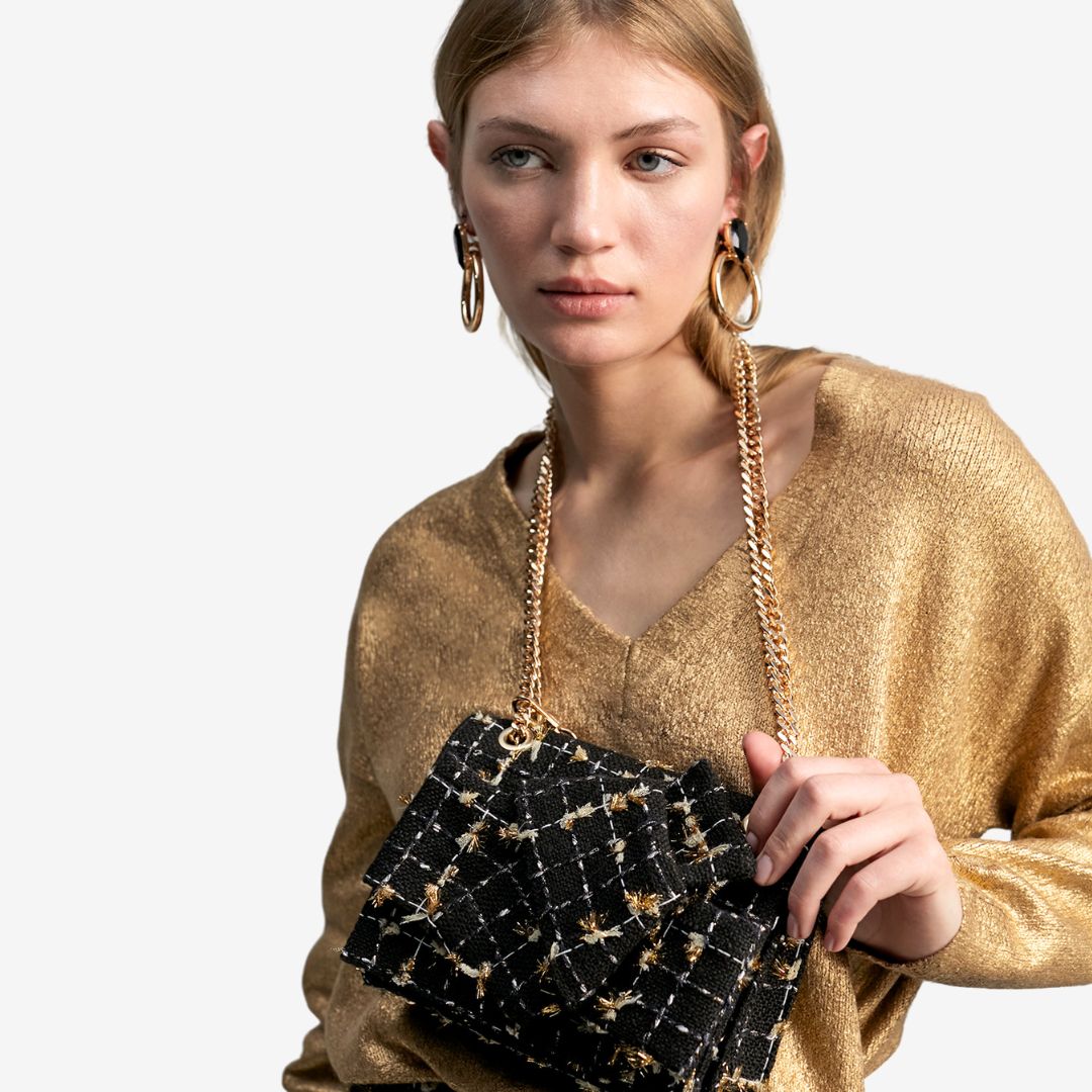 Lola Casademunt Tweed Crossbody Bag in Black & Gold