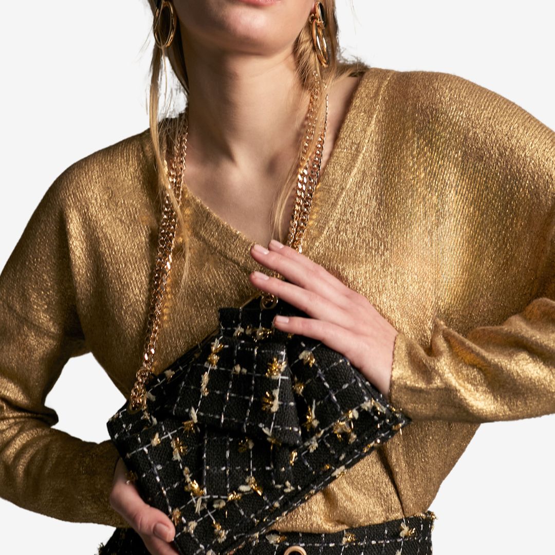 Lola Casademunt Tweed Crossbody Bag in Black & Gold