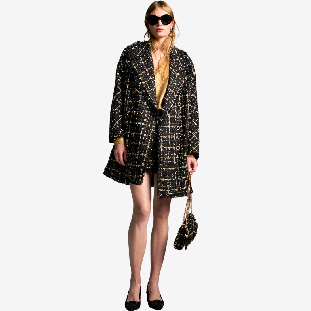 Lola Casademunt Women's Check Shimmer Coat in Black & Brown