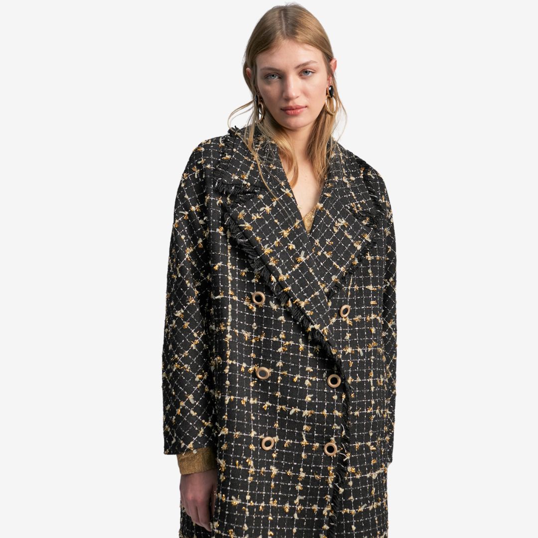 Lola Casademunt Women's Check Shimmer Coat in Black & Brown