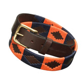 Polo Ralph Lauren belt with orange, navy, and brown pattern on a white background