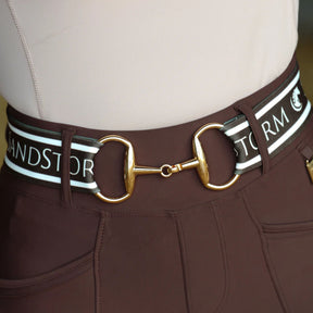 SandStorm Women's Gold Snaffle Belt in Brown with Logo Print